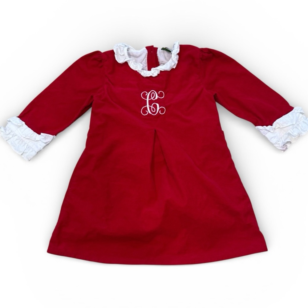 red corduroy toddler dress with a white ruffled collar/cuffs in size 6
